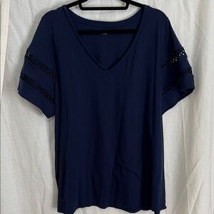Lane Bryant Dark Blue V-Neck Top with Sleeve Accents